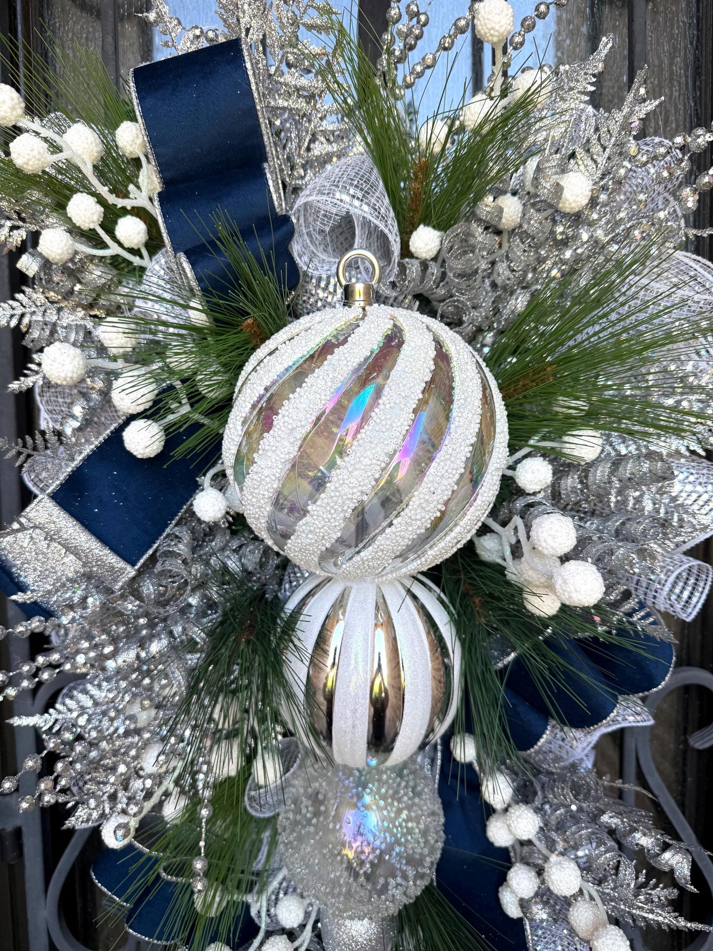 Silver & Blue Christmas Swag Wreath, Holiday Porch Decor
