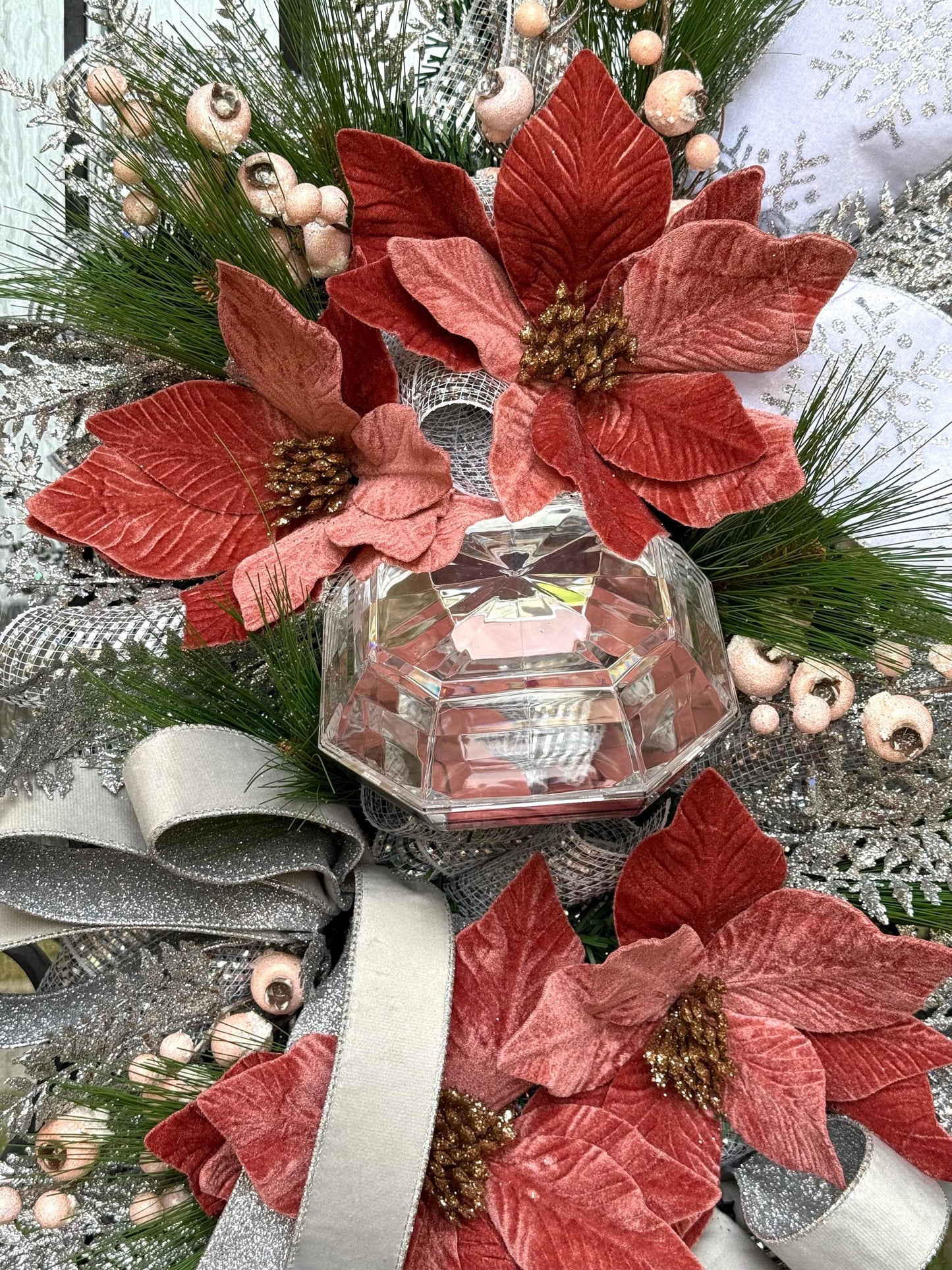 Christmas Swag Wreath, Silver Mauve Pink Holiday Decor