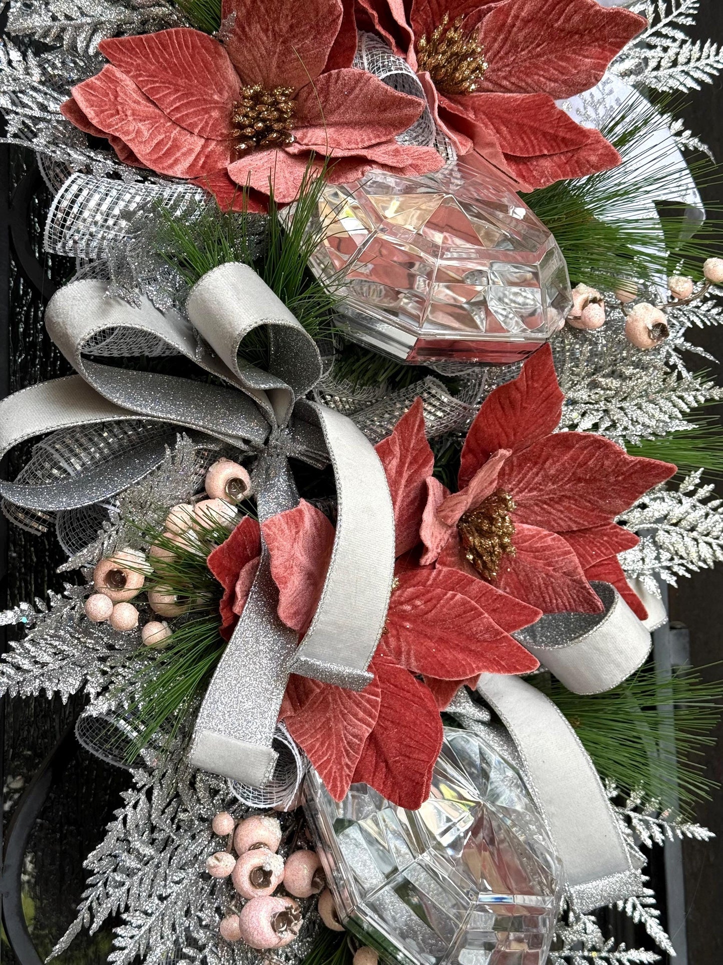 Christmas Swag Wreath, Silver Mauve Pink Holiday Decor