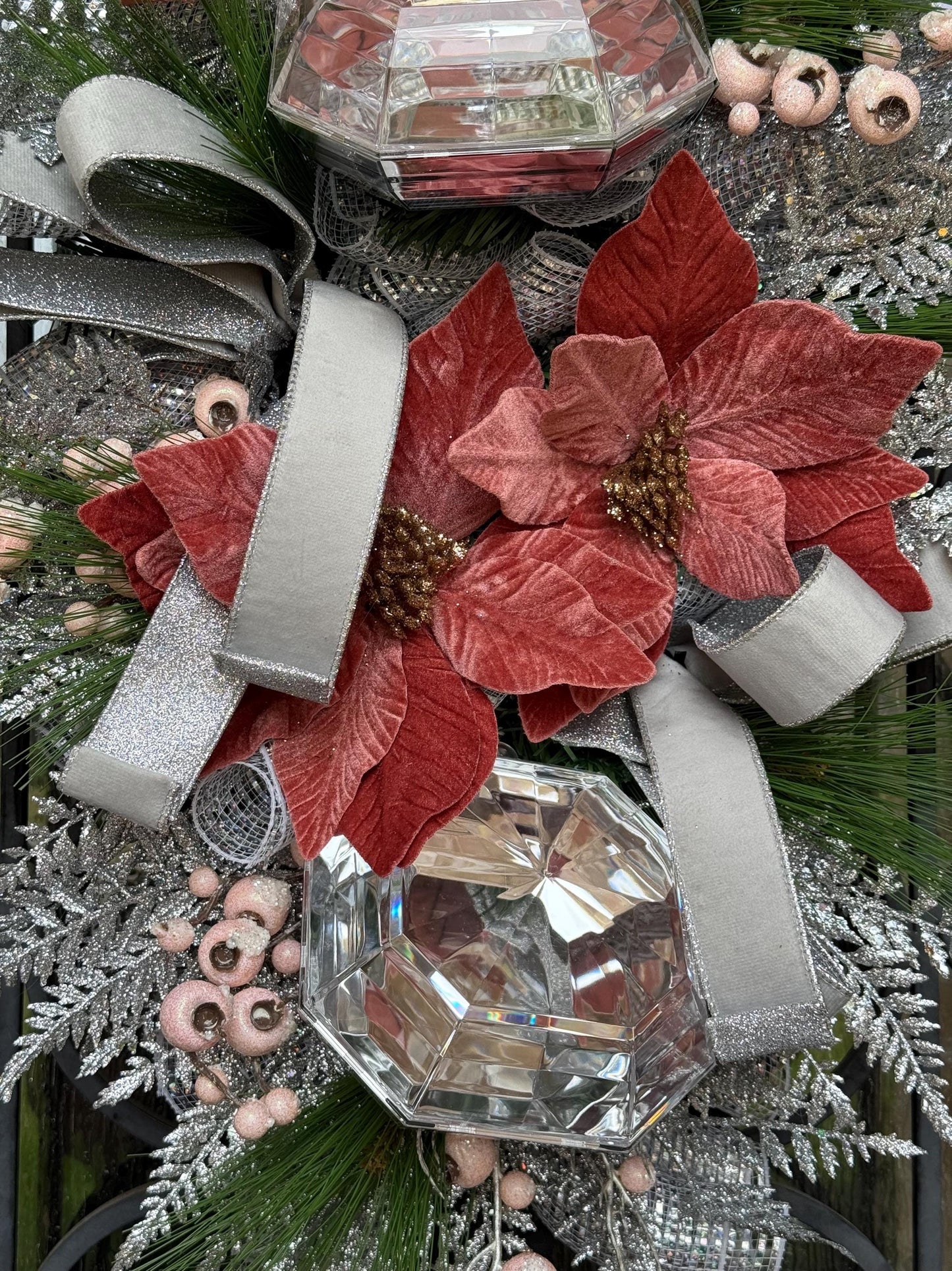 Christmas Swag Wreath, Silver Mauve Pink Holiday Decor