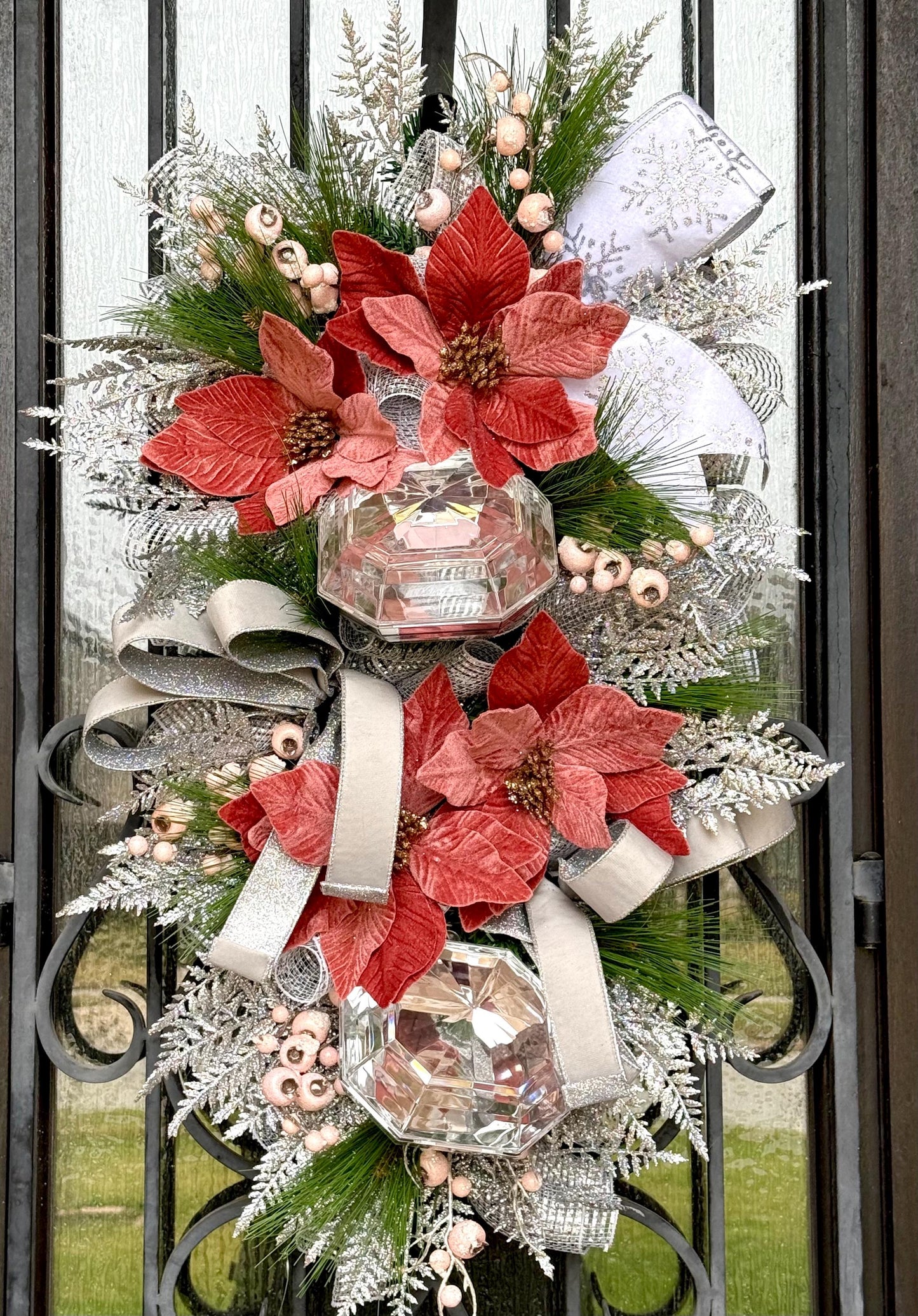 Christmas Swag Wreath, Silver Mauve Pink Holiday Decor
