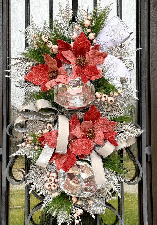 Christmas Swag Wreath, Silver Mauve Pink Holiday Decor