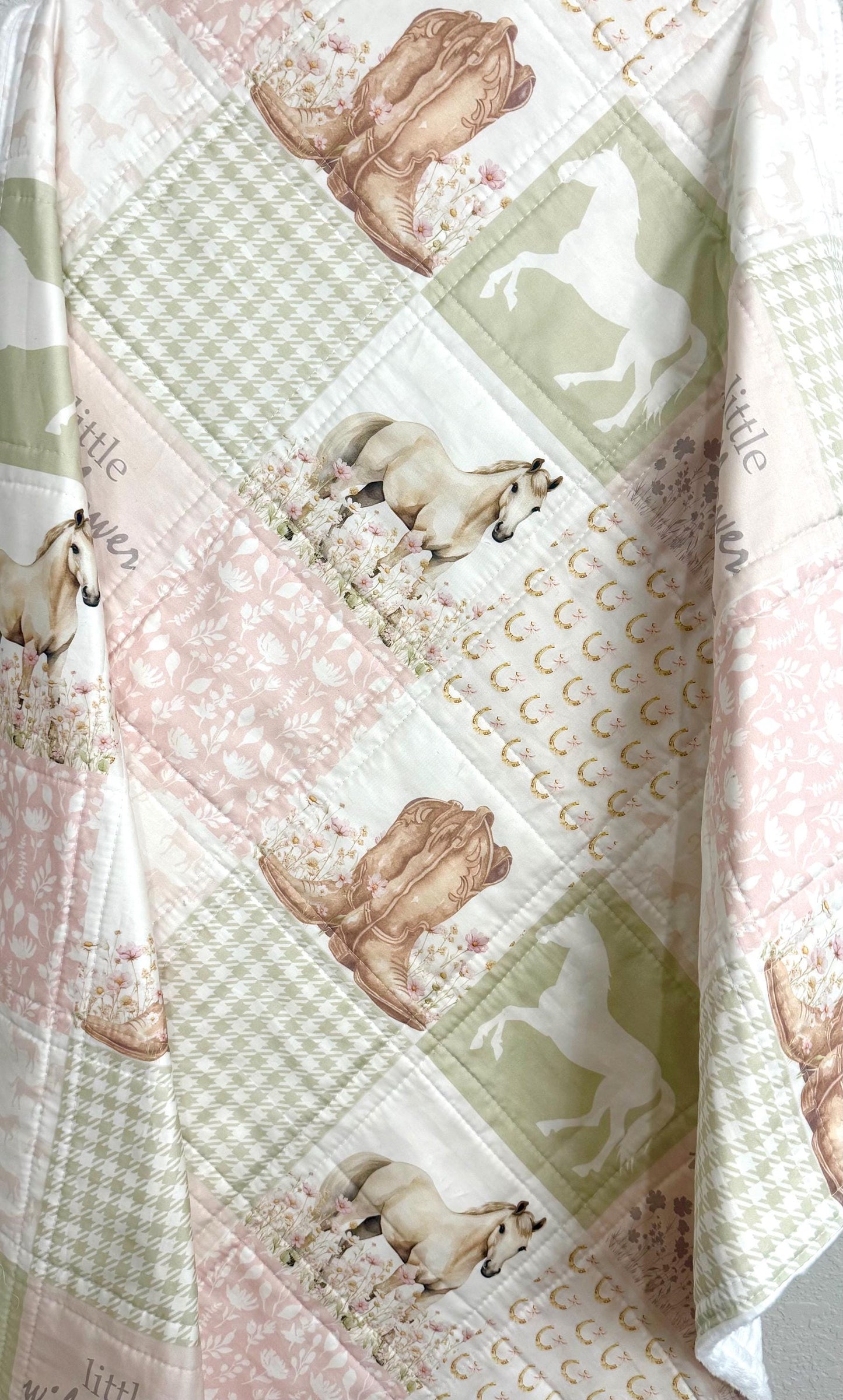 Horse Nursery Quilt, Floral Western Baby Blanket, Handmade Crib Bedding