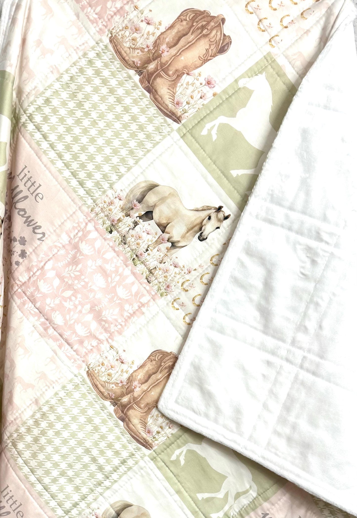 Horse Nursery Quilt, Floral Western Baby Blanket, Handmade Crib Bedding