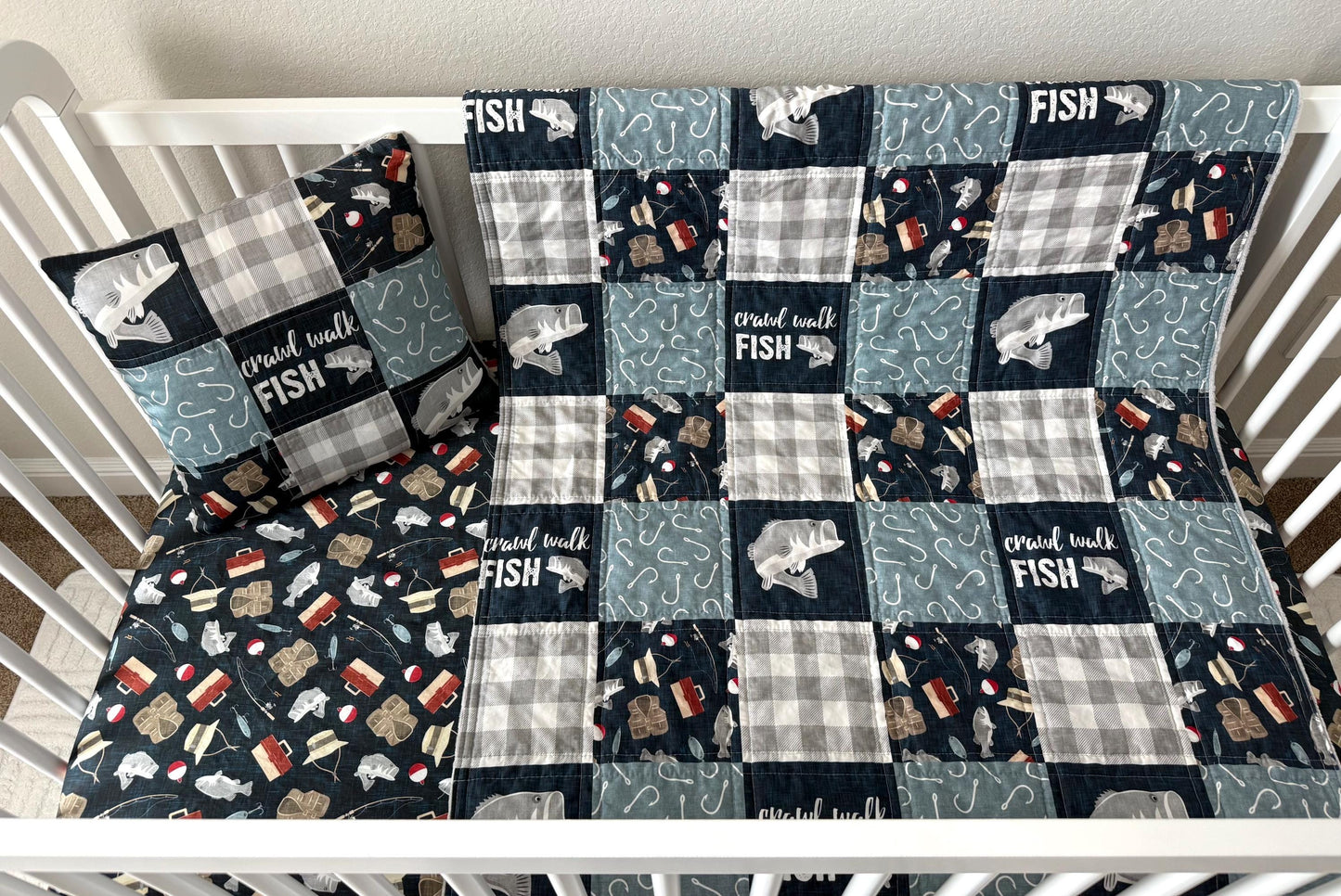 Baby Boy Crib Bedding, Fishing Nursery Decor, Handmade Baby Quilt