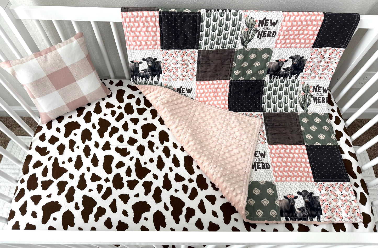 baby girl quilt, farm theme nursery, cow , barn, floral,  handmade baby blanket, baby shower gift, nursery decor, crib bedding