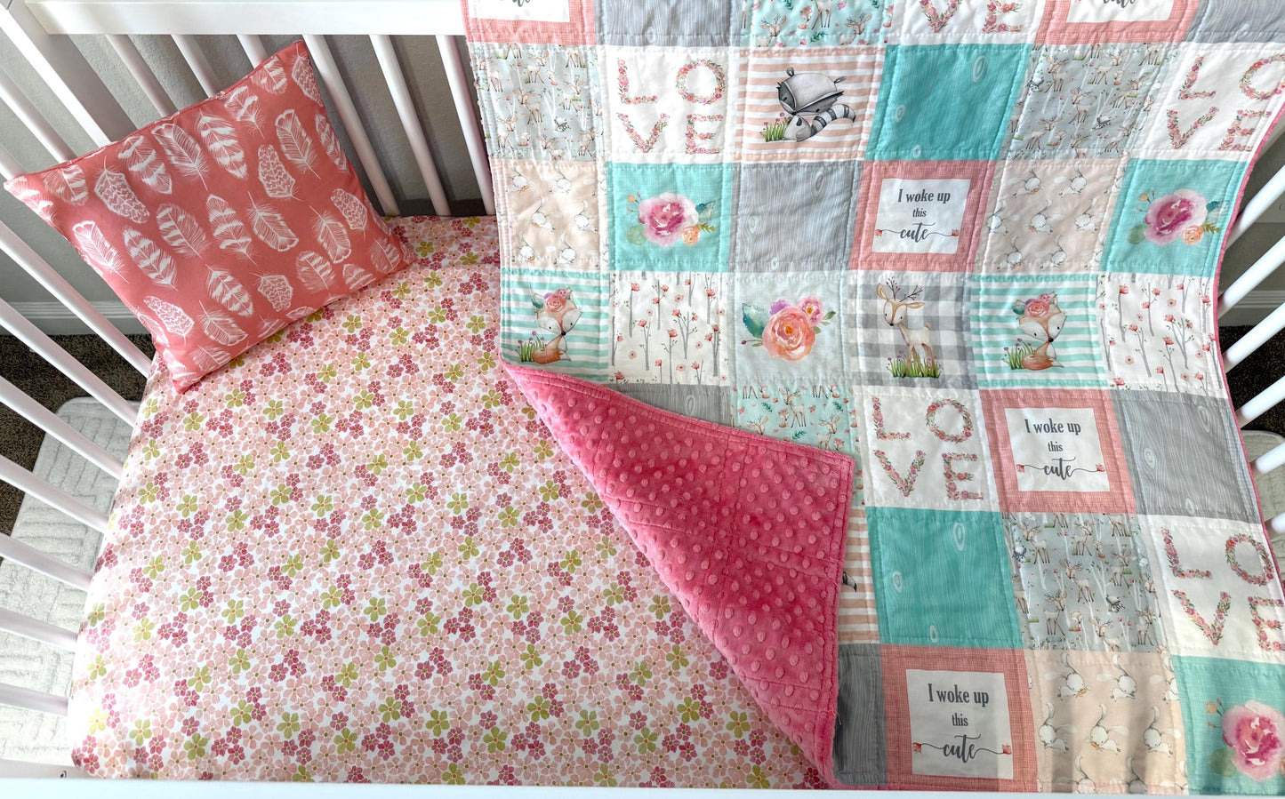 Woodlands Crib Bedding, Coral and Mint Nursery Decor, Handmade Baby Quilt