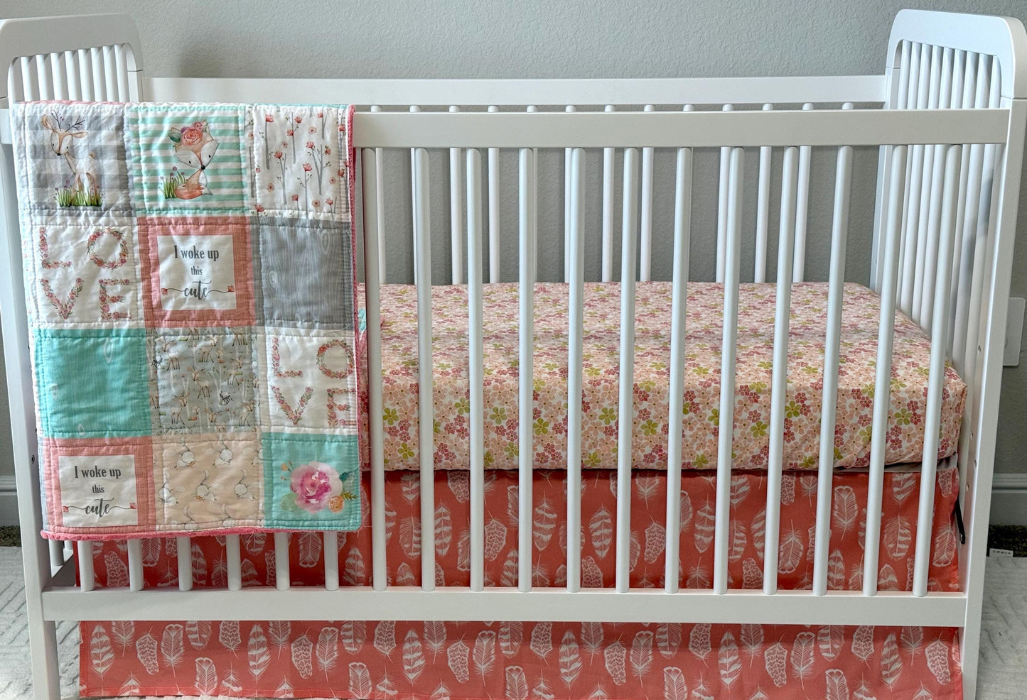 Woodlands Crib Bedding, Coral and Mint Nursery Decor, Handmade Baby Quilt
