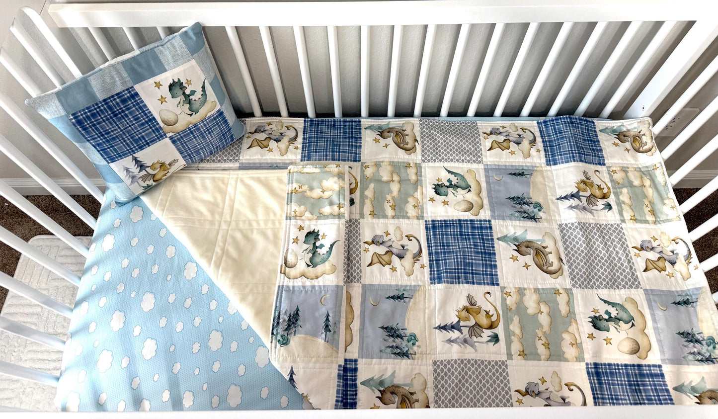 baby boy quilt, dragons theme nursery,handmade baby blanket, baby shower gift, nursery decor, crib bedding, handmade quilt