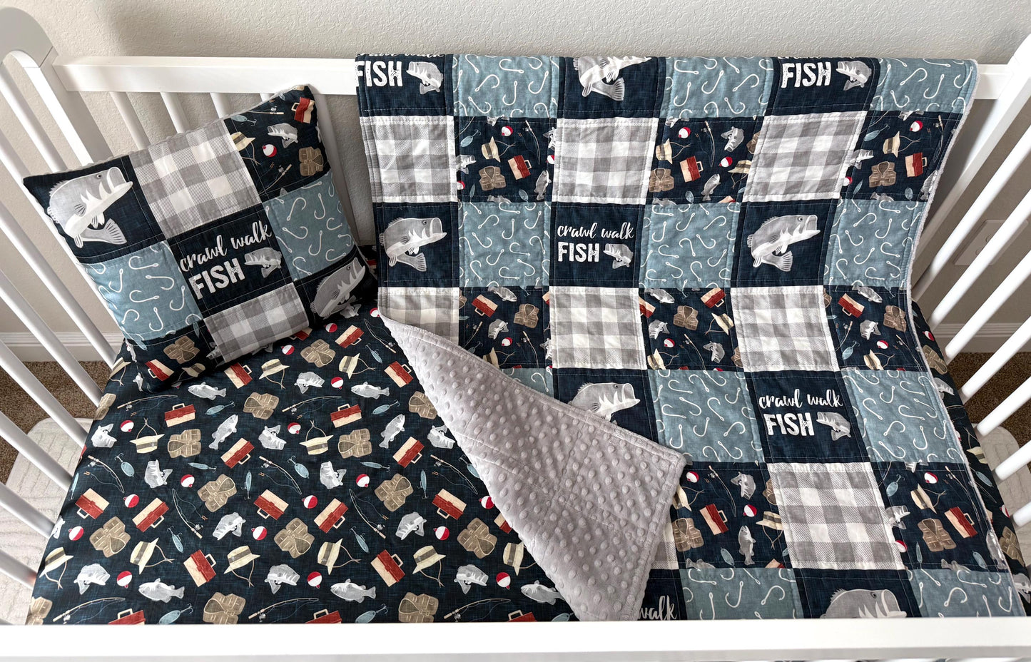 Baby Boy Crib Bedding, Fishing Nursery Decor, Handmade Baby Quilt