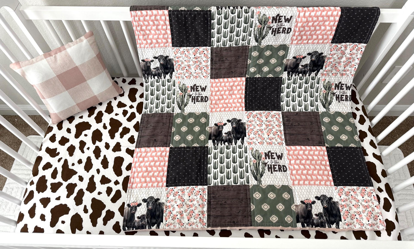 baby girl quilt, farm theme nursery, cow , barn, floral,  handmade baby blanket, baby shower gift, nursery decor, crib bedding