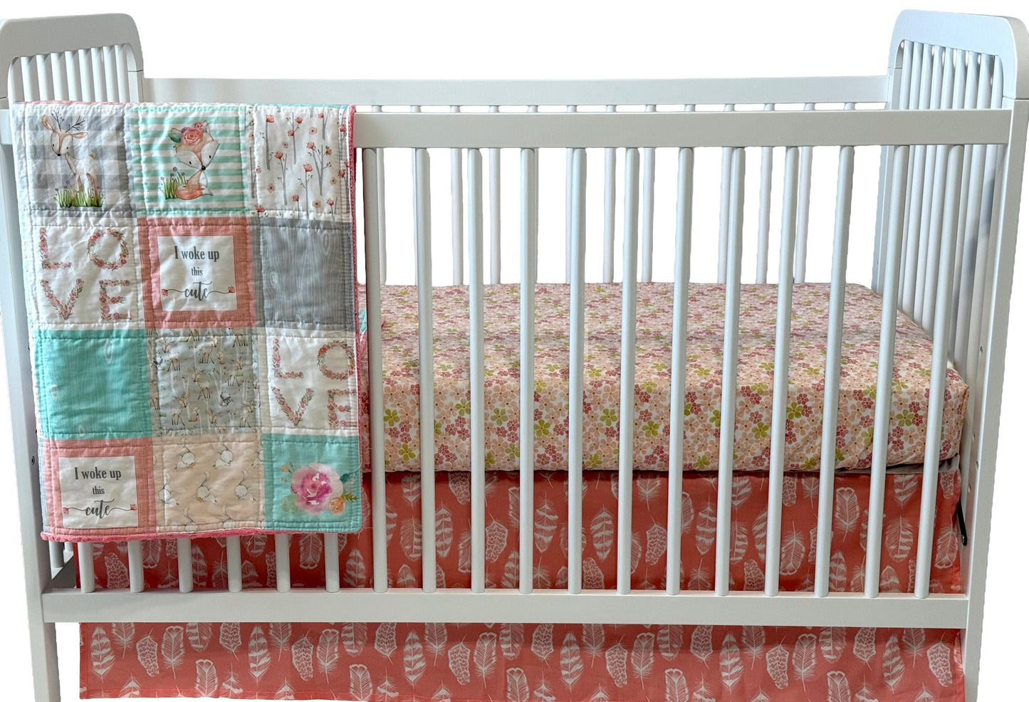 Woodlands Crib Bedding, Coral and Mint Nursery Decor, Handmade Baby Quilt