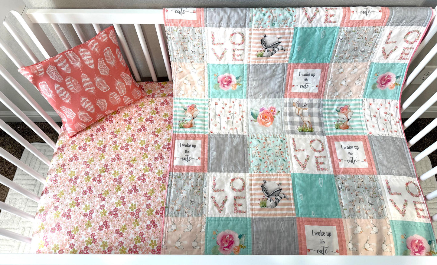 Woodlands Crib Bedding, Coral and Mint Nursery Decor, Handmade Baby Quilt