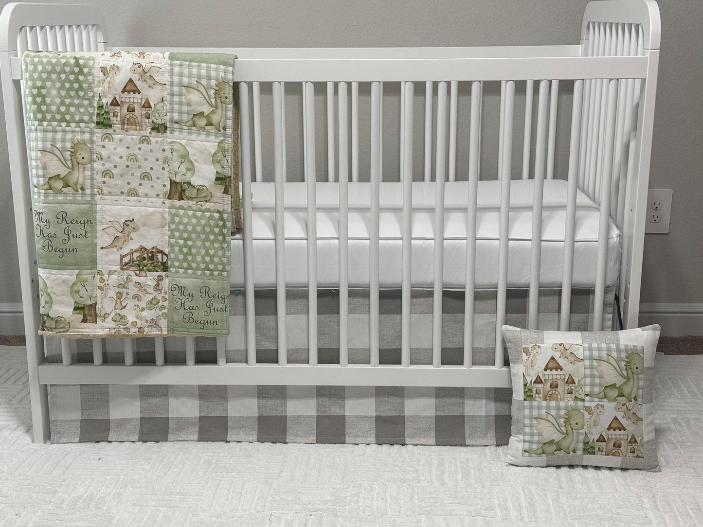 Dragons Baby Boy Bedding, Green and Beige Nursery Decor