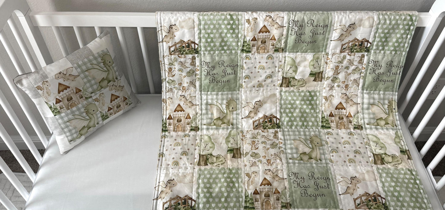 Dragons Baby Boy Bedding, Green and Beige Nursery Decor