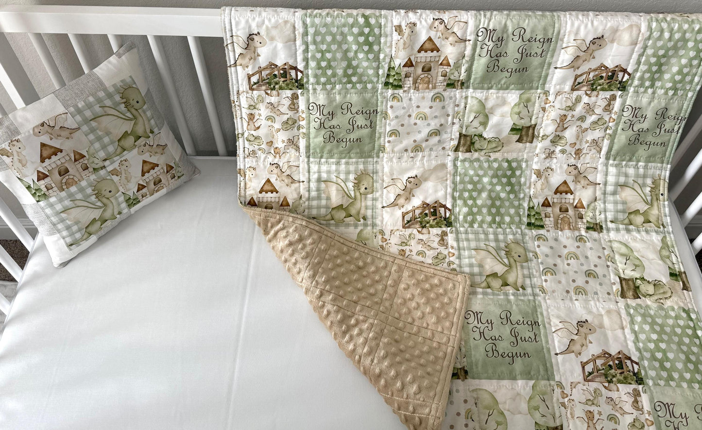 Dragons Baby Boy Bedding, Green and Beige Nursery Decor