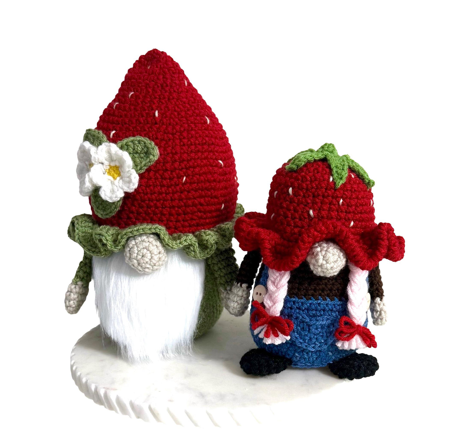 Handmade Crochet Strawberry Gnomes, Daisy Gardener Decor