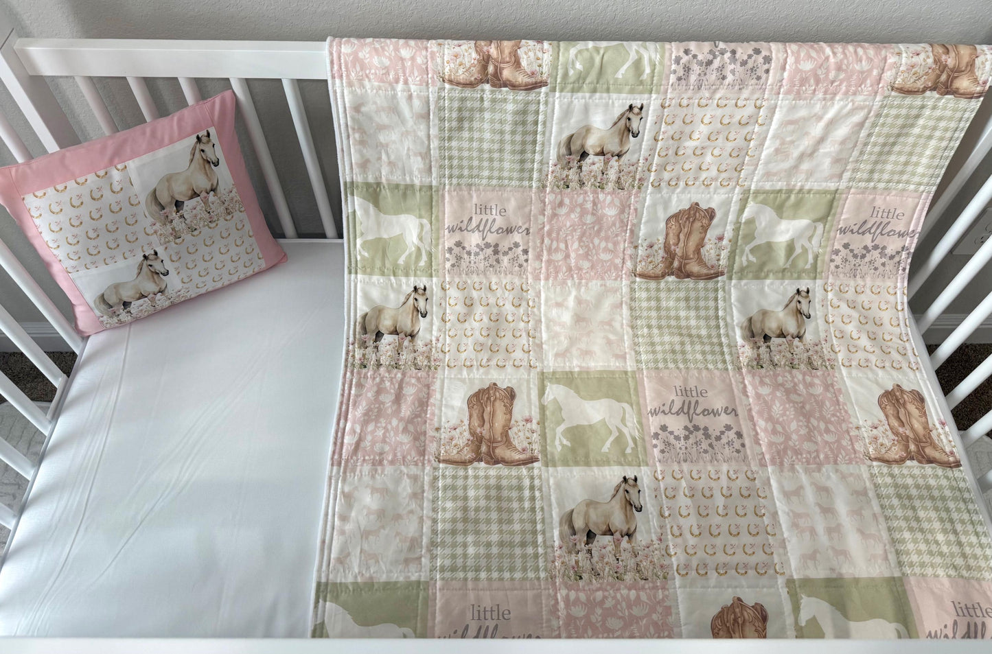 Horse Nursery Quilt, Floral Western Baby Blanket, Handmade Crib Bedding
