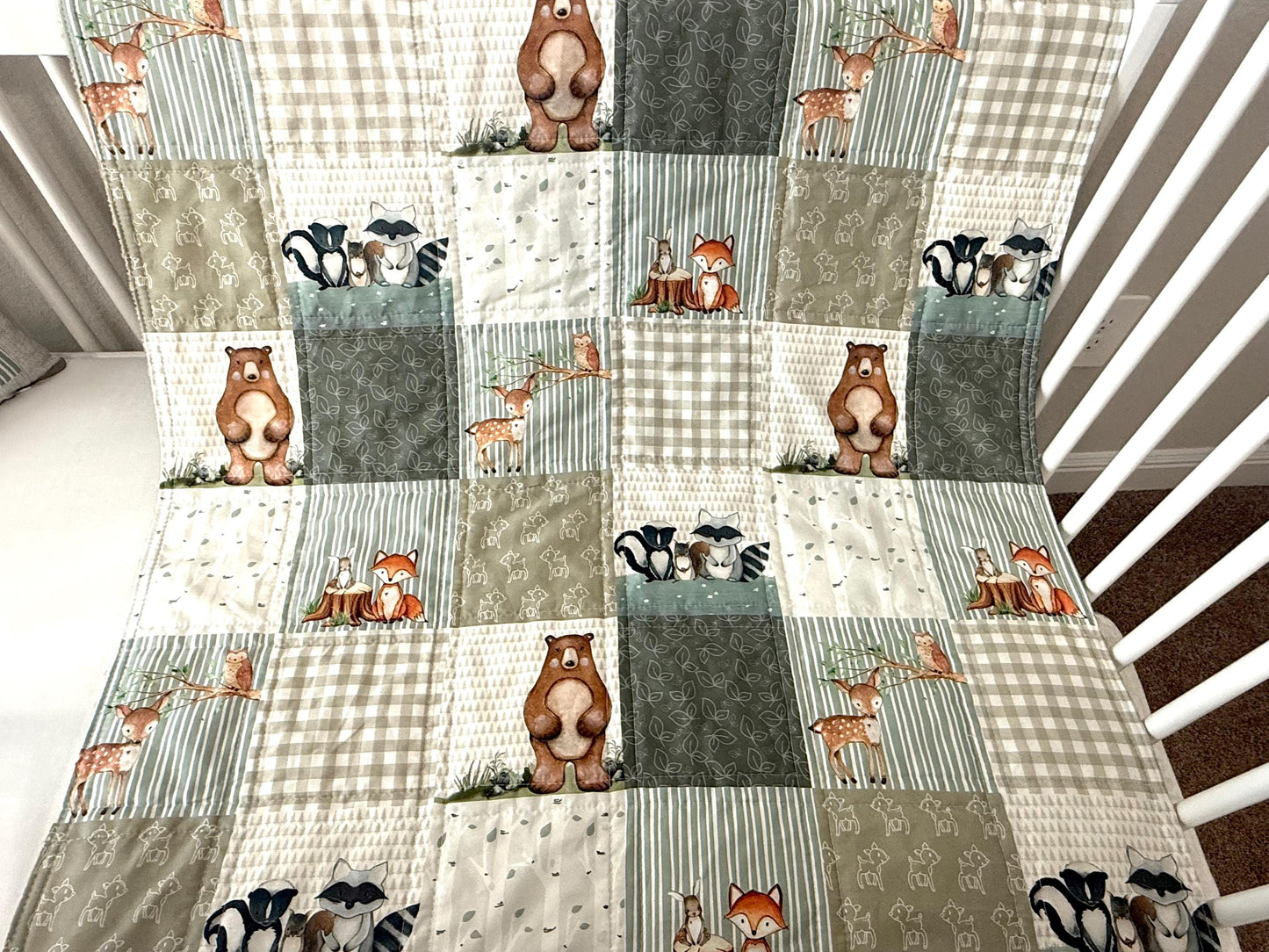 Handmade Woodland Baby Quilt, Organic Cotton Sateen, Eucalyptus Green