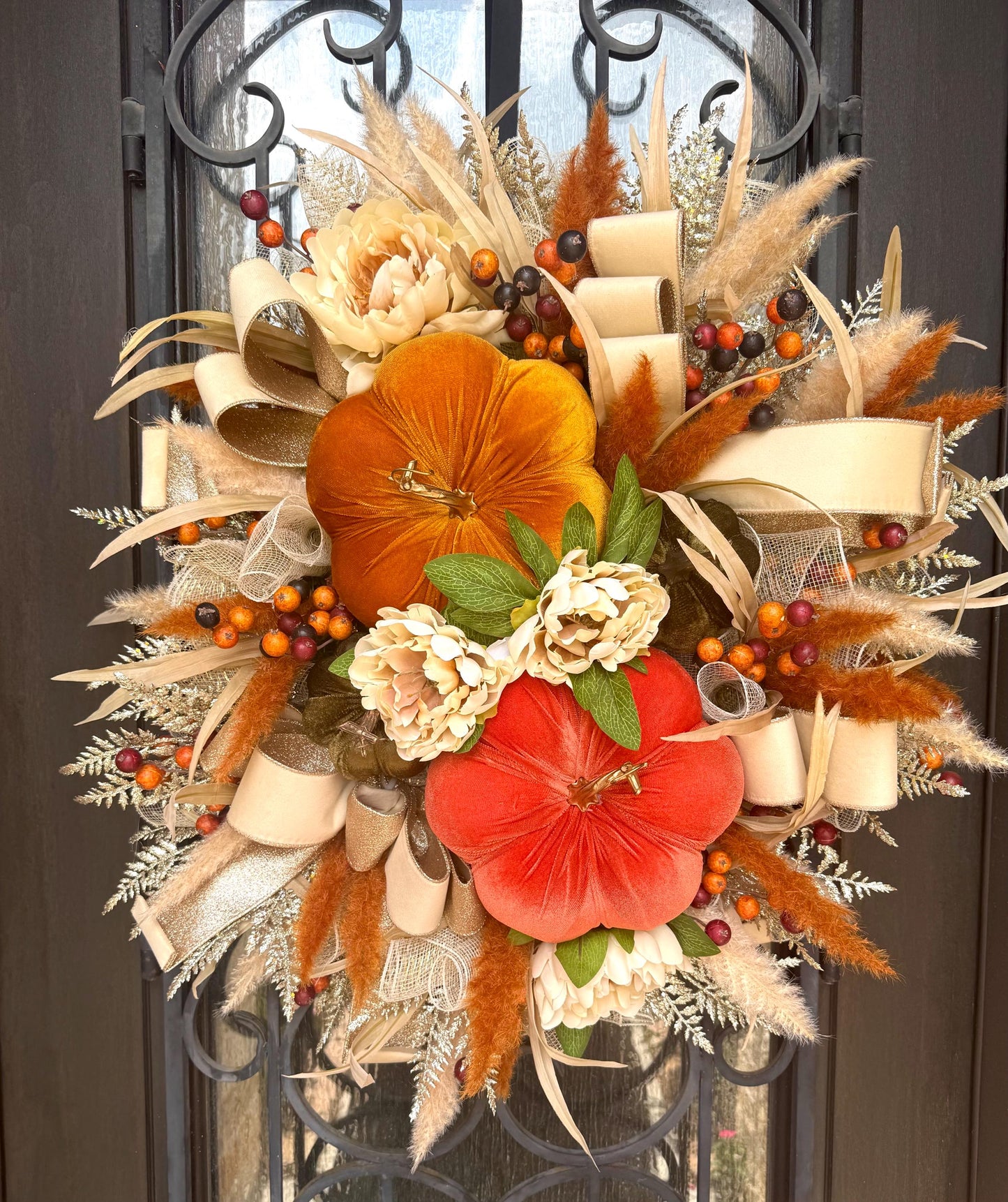 Handmade Velvet Pumpkin Fall Wreath, Thanksgiving Door Decor