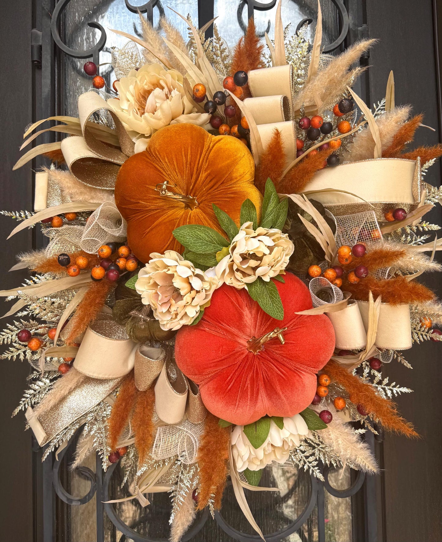 Handmade Velvet Pumpkin Fall Wreath, Thanksgiving Door Decor