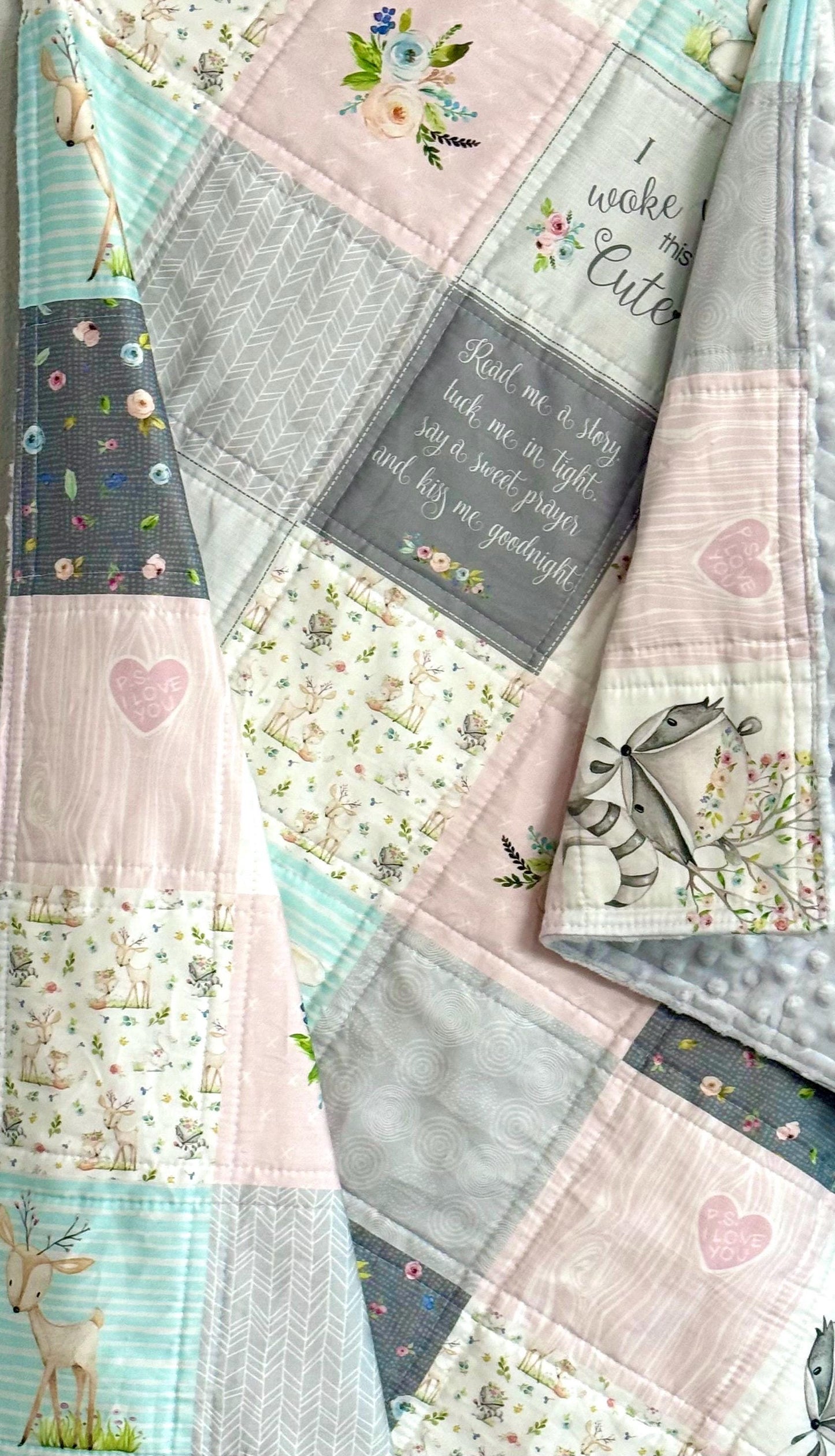 baby girl quilt, woodland quilt, woodland nursery,  handmade baby blanket, baby shower gift, nursery decor, crib bedding, handmade quilt