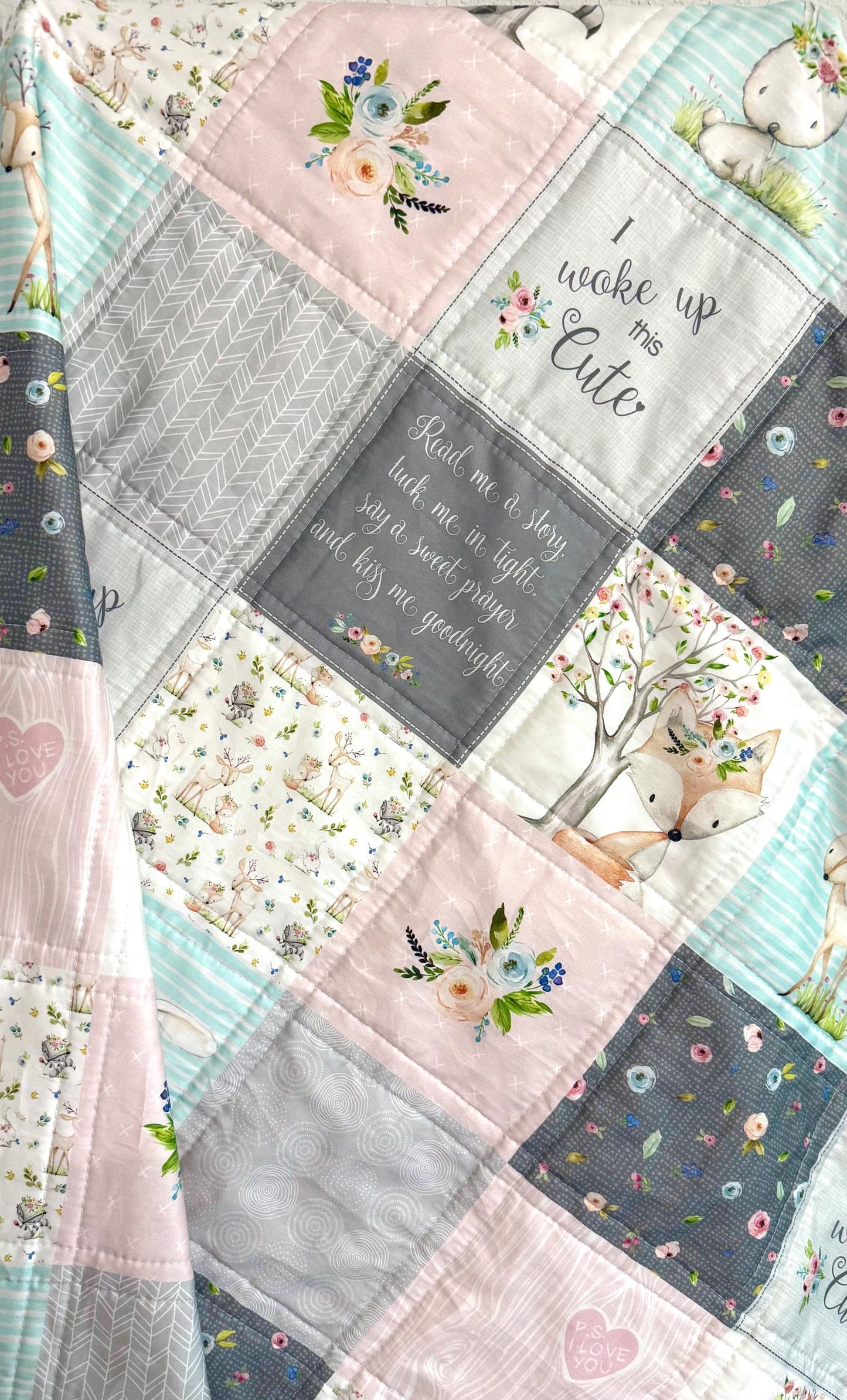 baby girl quilt, woodland quilt, woodland nursery,  handmade baby blanket, baby shower gift, nursery decor, crib bedding, handmade quilt