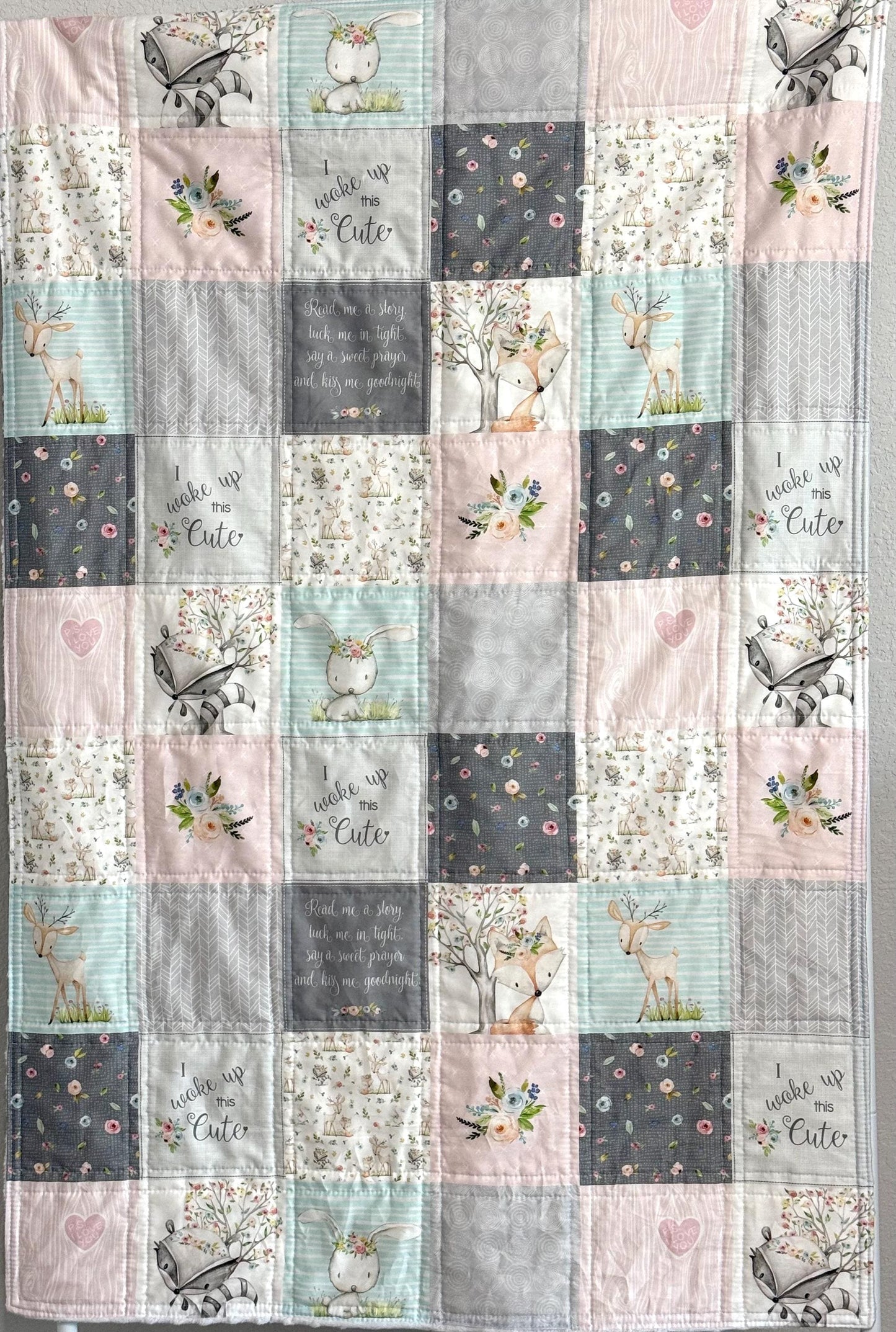 baby girl quilt, woodland quilt, woodland nursery,  handmade baby blanket, baby shower gift, nursery decor, crib bedding, handmade quilt
