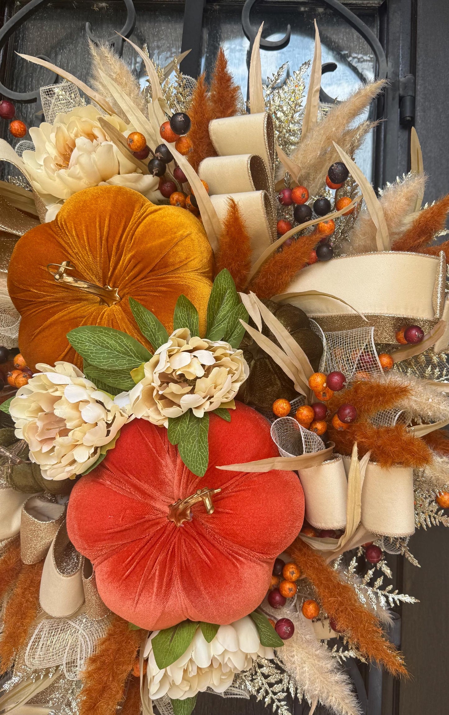 Handmade Velvet Pumpkin Fall Wreath, Thanksgiving Door Decor