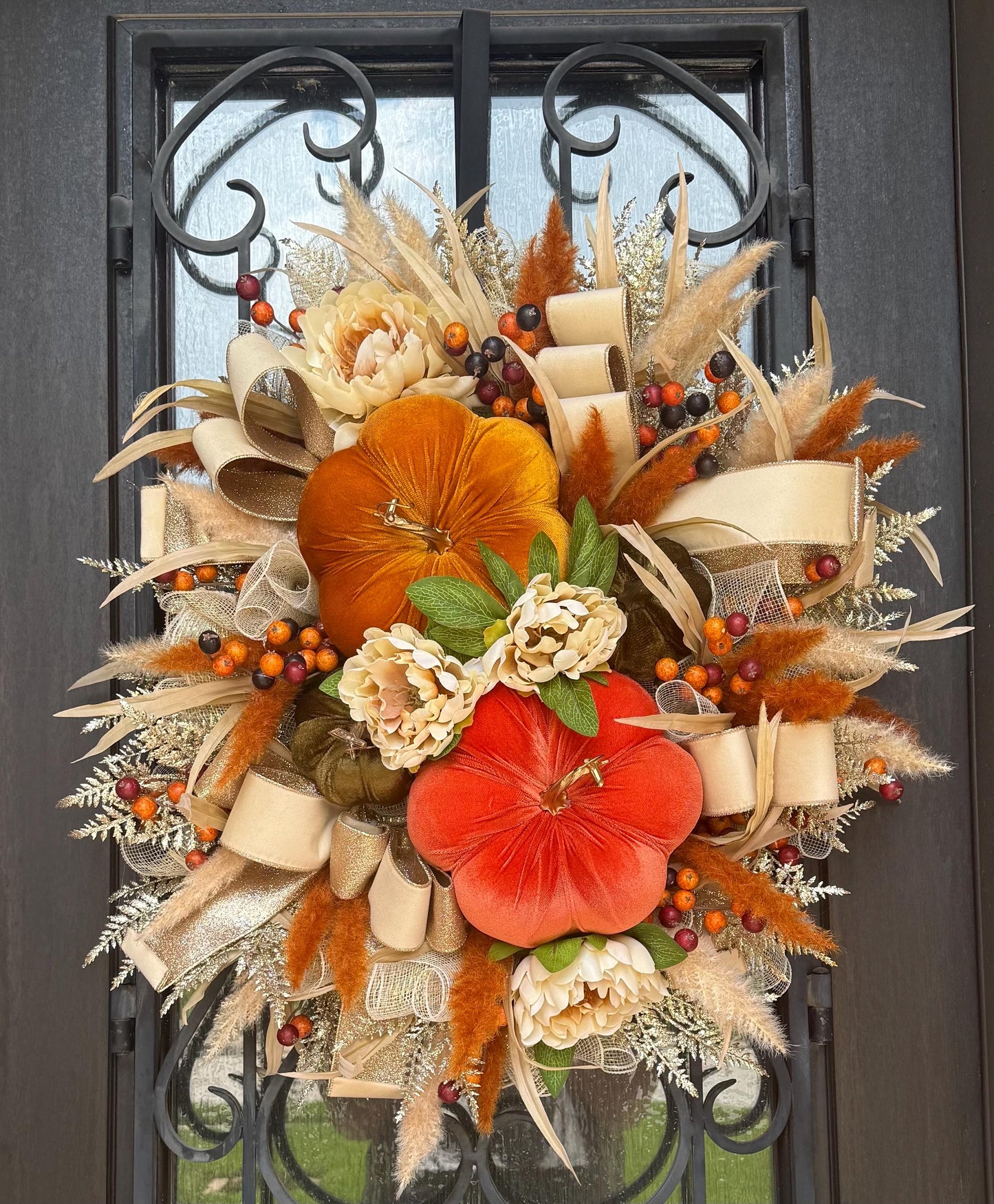 Handmade Velvet Pumpkin Fall Wreath, Thanksgiving Door Decor