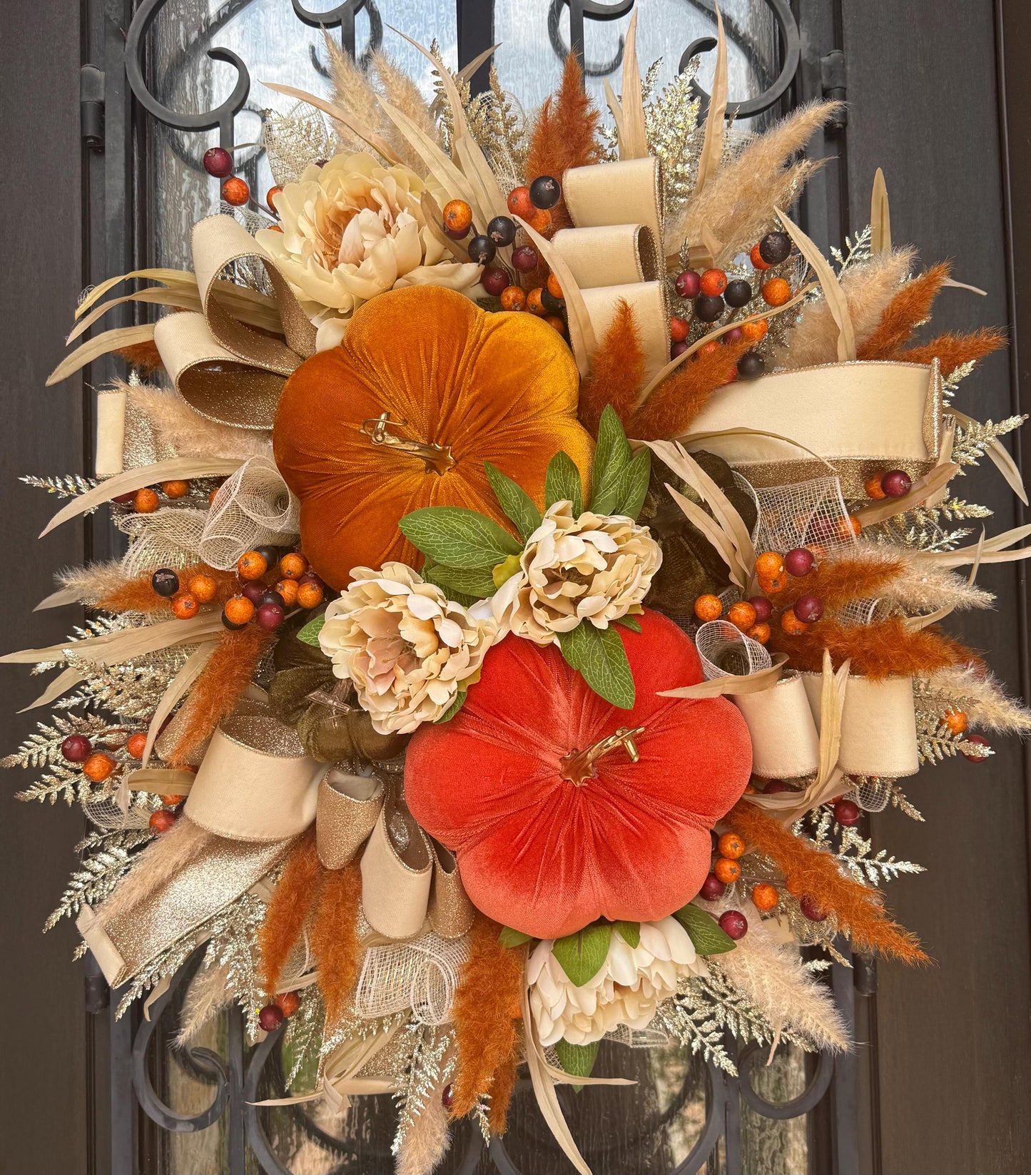 Handmade Velvet Pumpkin Fall Wreath, Thanksgiving Door Decor