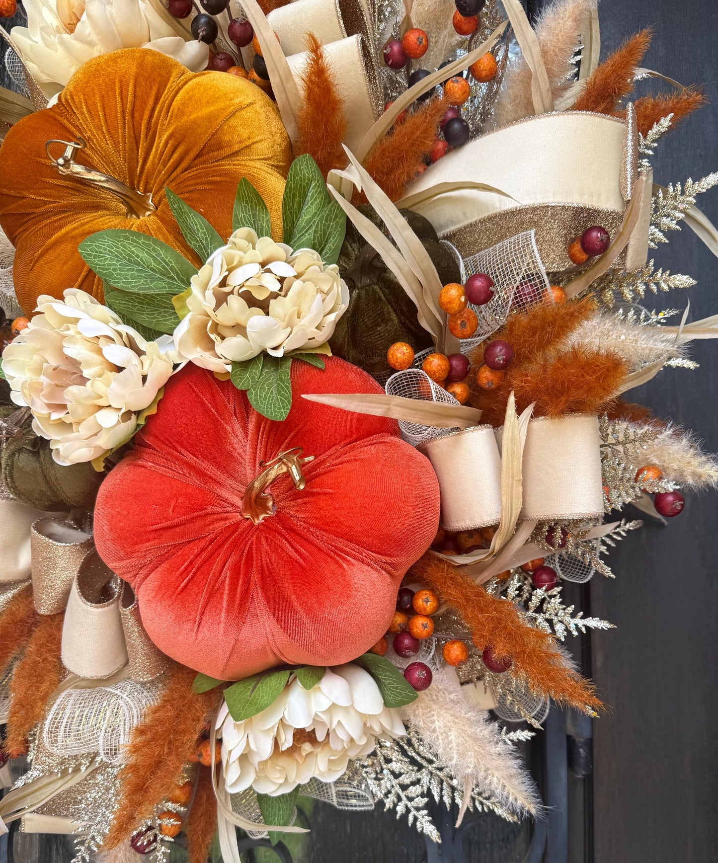 Handmade Velvet Pumpkin Fall Wreath, Thanksgiving Door Decor