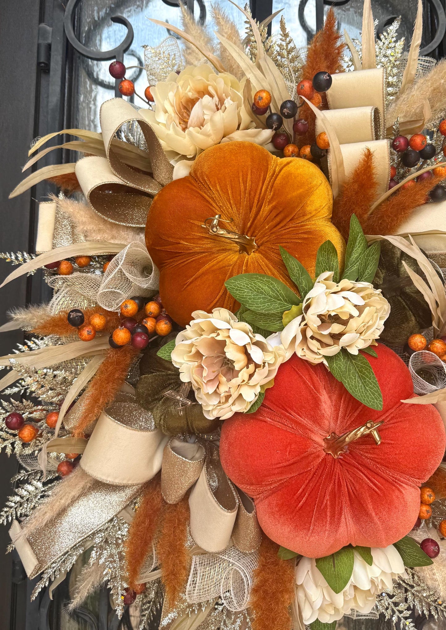 Handmade Velvet Pumpkin Fall Wreath, Thanksgiving Door Decor
