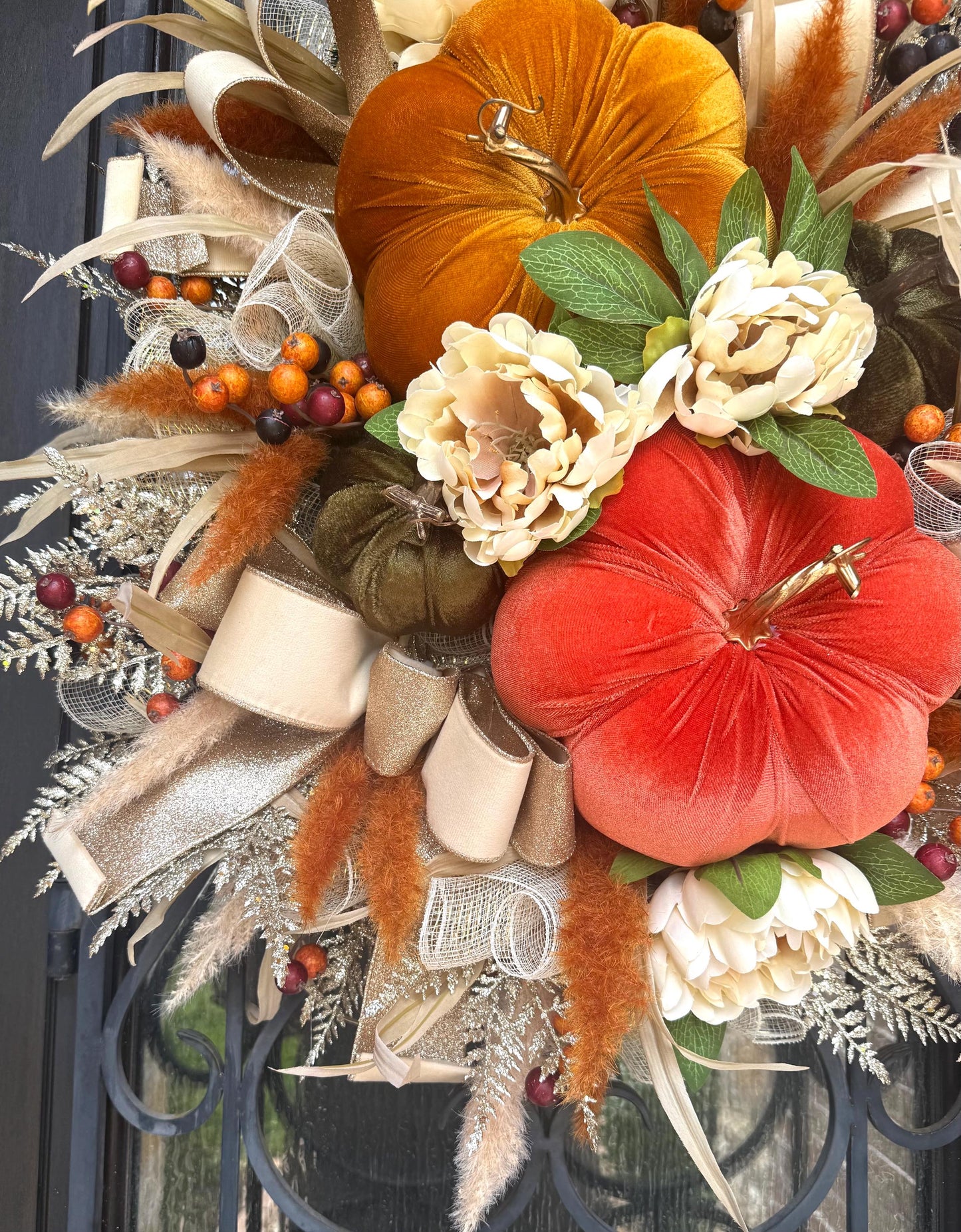 Handmade Velvet Pumpkin Fall Wreath, Thanksgiving Door Decor