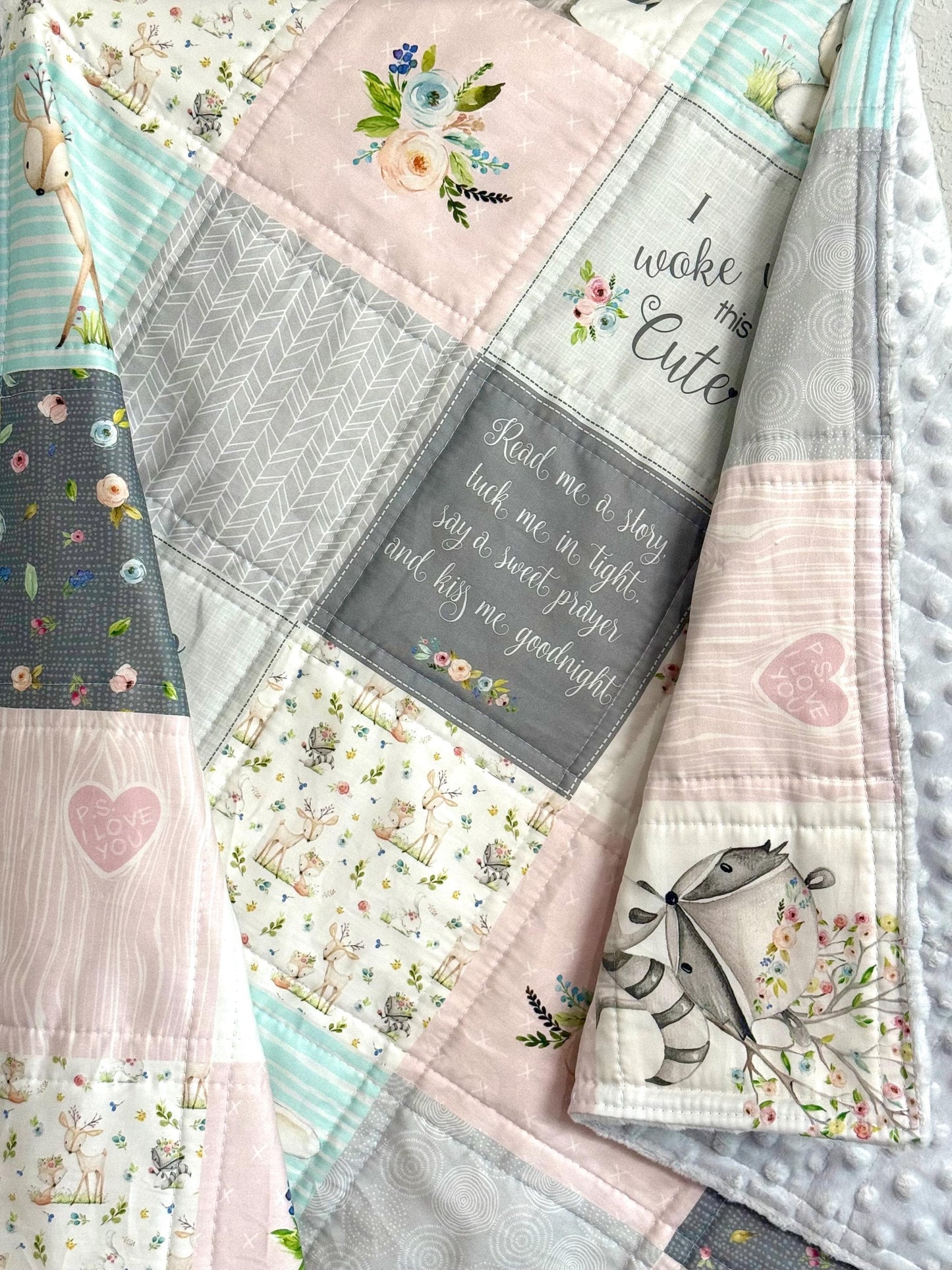baby girl quilt, woodland quilt, woodland nursery,  handmade baby blanket, baby shower gift, nursery decor, crib bedding, handmade quilt