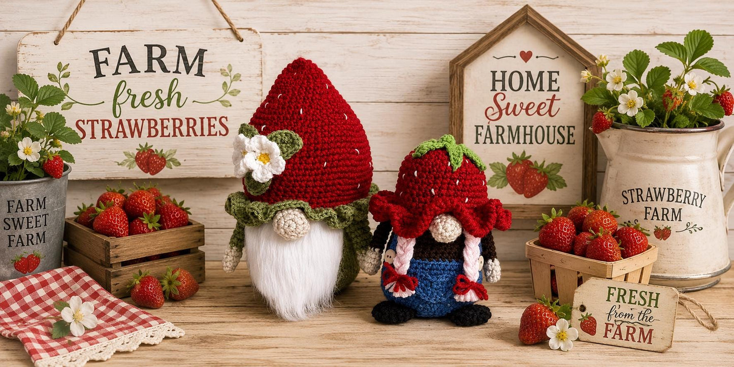 Handmade Crochet Strawberry Gnomes, Daisy Gardener Decor