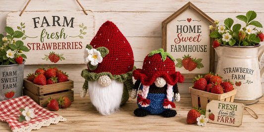 Handmade Crochet Strawberry Gnomes, Daisy Gardener Decor