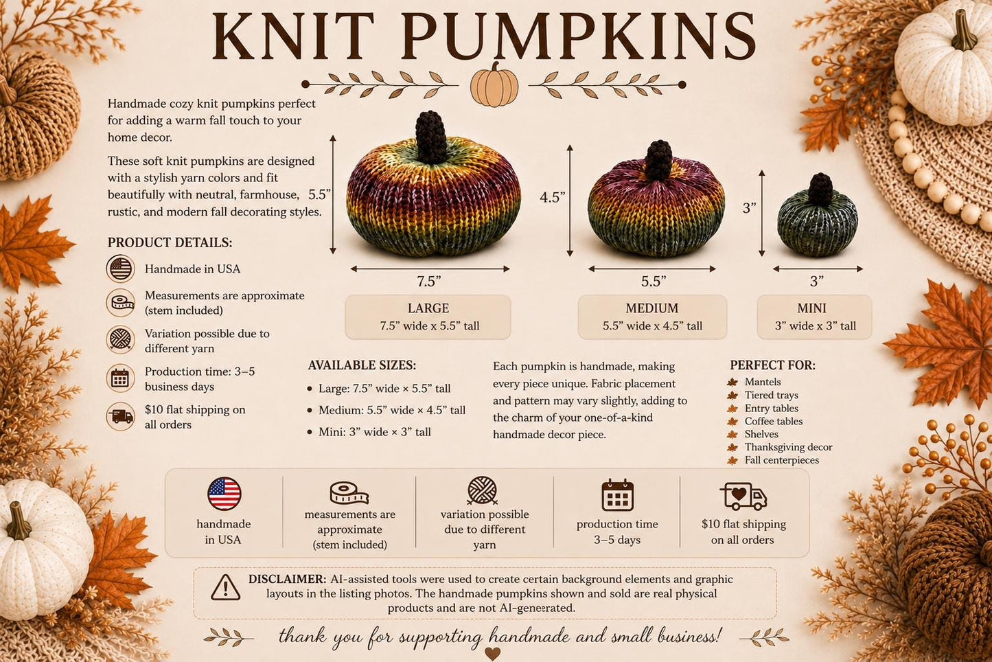 Set of 6 Knit Pumpkins | Handmade Fall Decor | Soft Pumpkin Bowl Fillers | Autumn Table Centerpiece